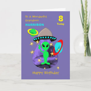 Grandson Spaceship Alien Cute Happy Birthday Card