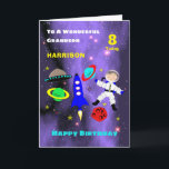Grandson Spaceship Astronaut Cute Happy Birthday Card<br><div class="desc">Super cute cartoon outer space theme image with an astronaut in space,  rocket,  stars,  planets and spaceship; such a fun and colorful design and easy to customize with a name,  age and message,  for that extra special touch at no extra cost.</div>