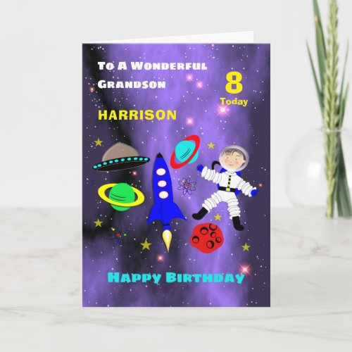 Grandson Spaceship Astronaut Cute Happy Birthday Card