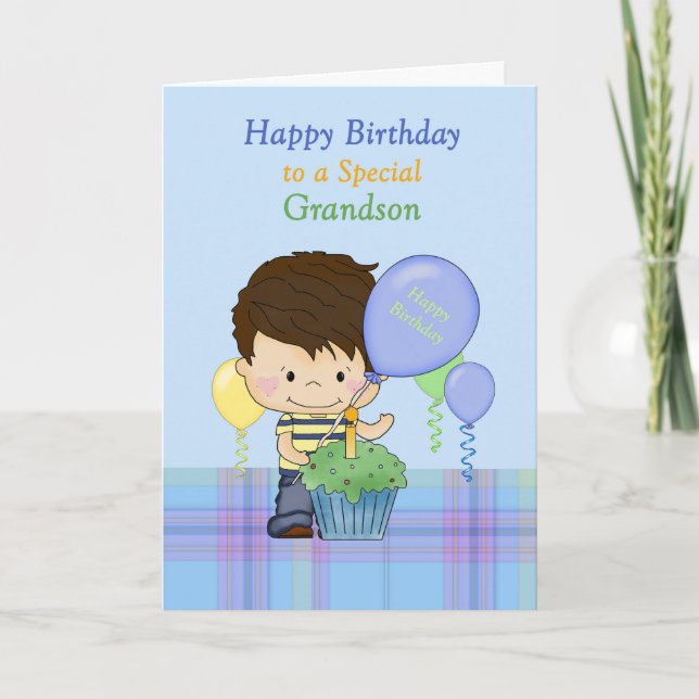 Grandson Special Happy Birthday Boy with Cupcake Card (Front)