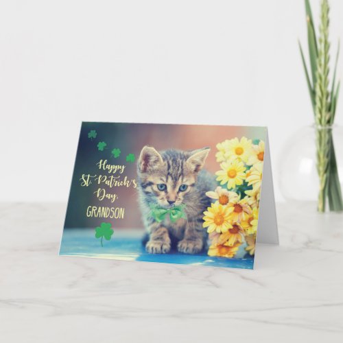 Grandson St Patricks Day Kitten w Yellow Daisie Card