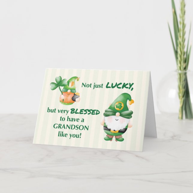 Grandson St. Patricks Day Gnomes Lucky and Blessed Card (Front)