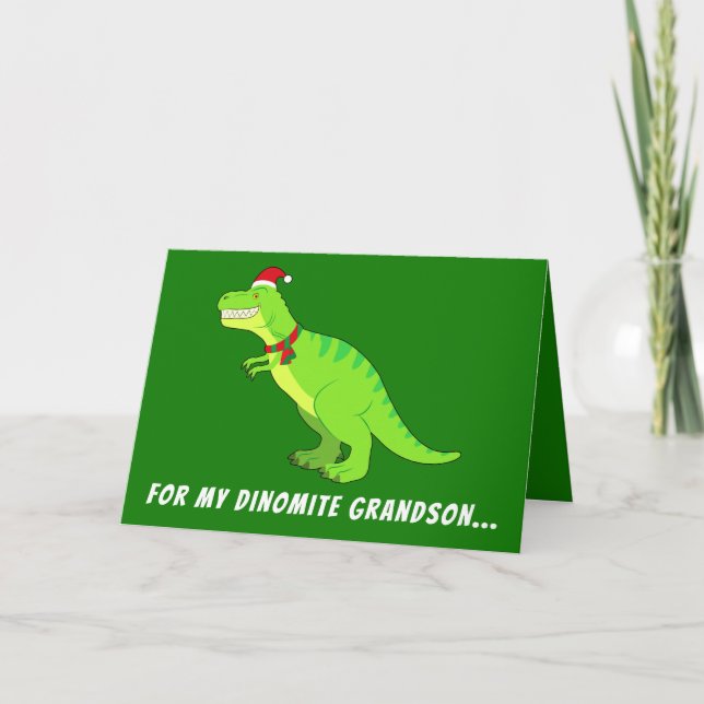Grandson: T-Rex in Santa Hat for Christmas! Holiday Card (Front)