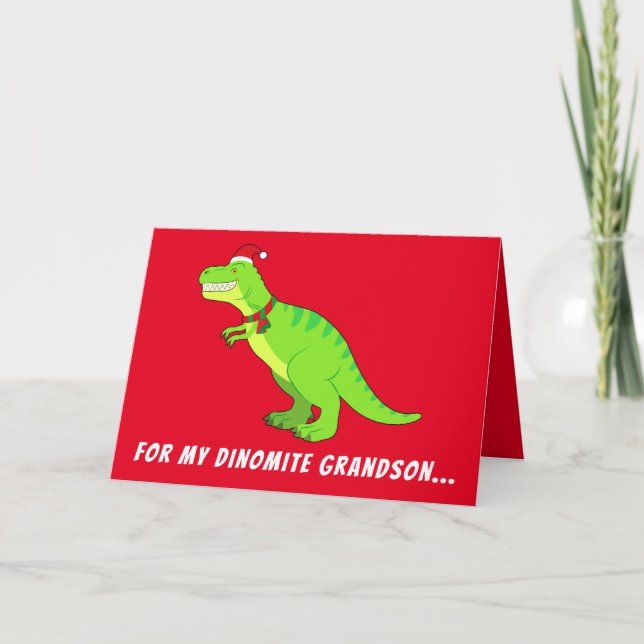 Grandson: T-Rex in Santa Hat for Christmas! Holiday Card (Front)