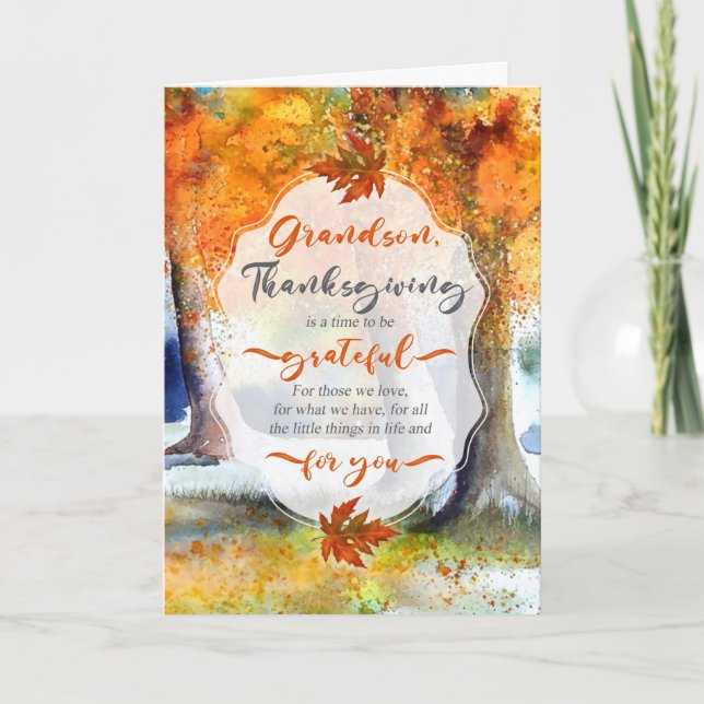 Grandson Thanksgiving Autumn Watercolor Grateful Holiday Card (Front)