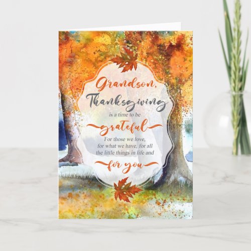 Grandson Thanksgiving Autumn Watercolor Grateful Holiday Card