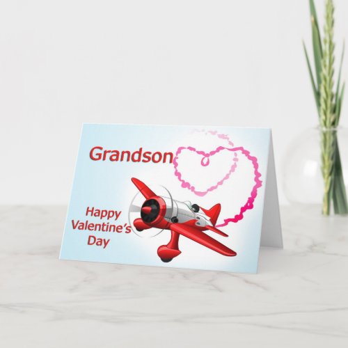 Grandson Valentines Day Airplane with heart Holiday Card