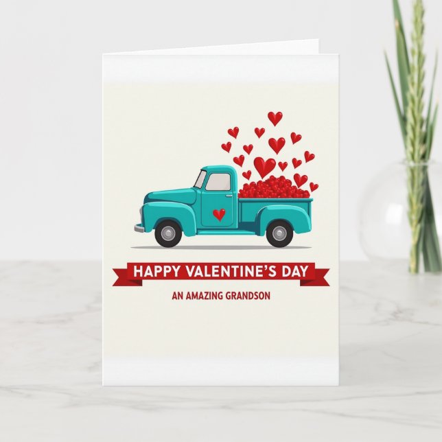 Grandson Valentines Truck Hearts Card (Front)