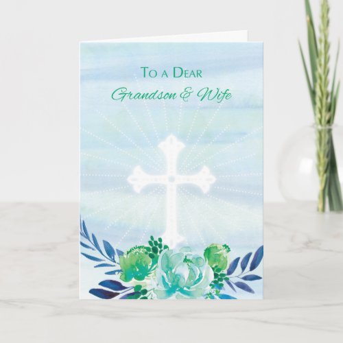 Grandson  Wife Teal Blue Flowers w Cross Easter Holiday Card