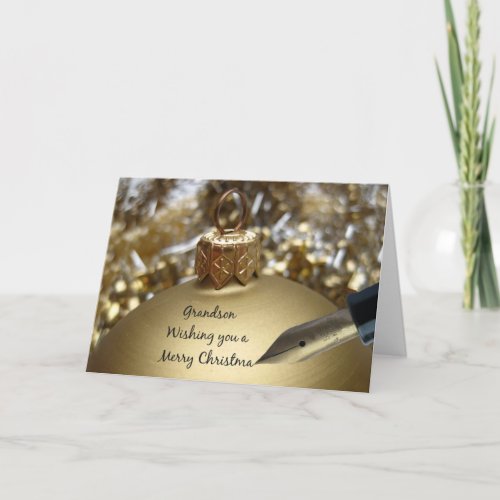 Grandson wishing you merry christmas pen on golden holiday card