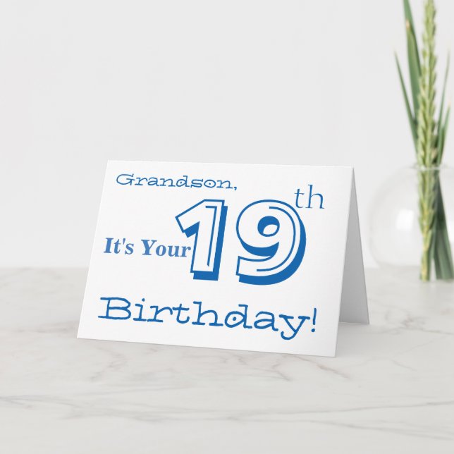 Grandson's 19th birthday greeting in blue & white. card (Front)