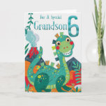 Grandson's 6th Birthday Card - Happy Dinosaur<br><div class="desc">You can personalize this birthday card for a boy inside.</div>