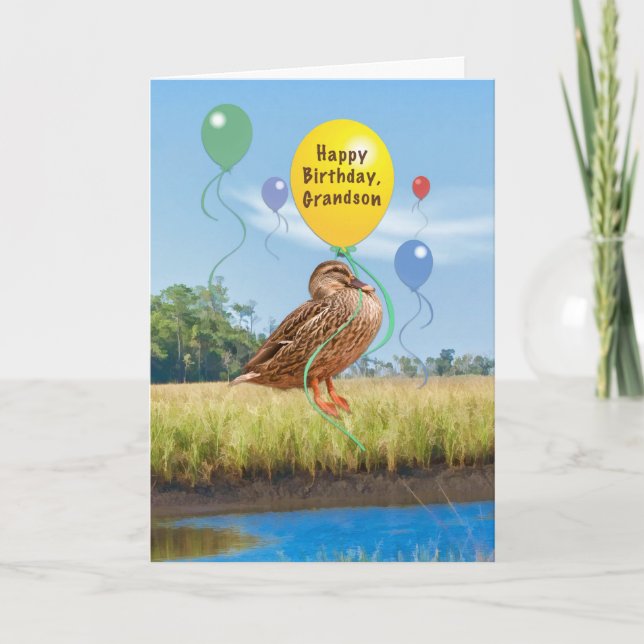 Grandson's Birthday Card with Duck and Balloons (Front)