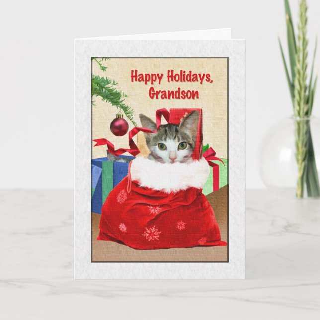 Grandson's Christmas, Cat Under Tree Holiday Card (Front)