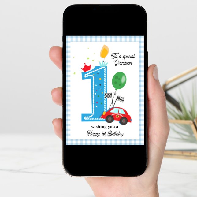 Grandson's First Birthday Racing Car Greeting Card (Front Digital)