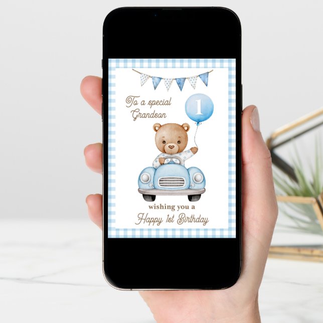 Grandson's First Birthday Teddy Bear Greeting Card (Front Digital)