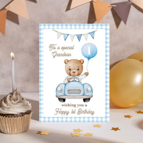 Grandsons First Birthday Teddy Bear Greeting Card