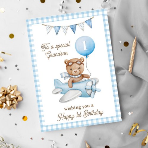 Grandsons First Birthday Teddy Bear Greeting Card