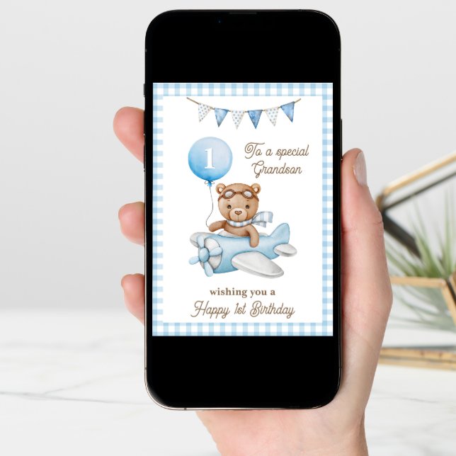 Grandson's First Birthday Teddy Bear Greeting Card (Front Digital)