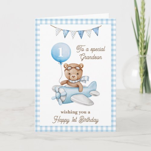 Grandsons First Birthday Teddy Bear Greeting Card
