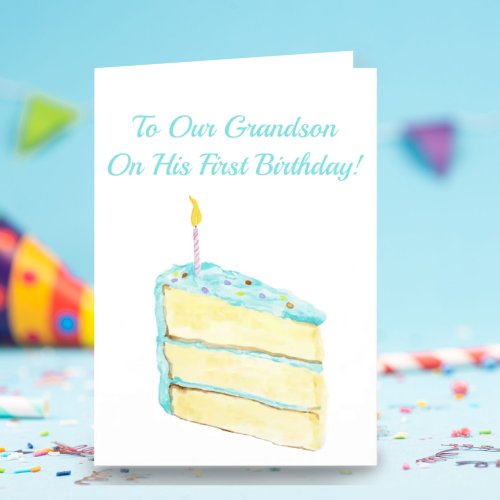 Grandsons First Birthday Watercolor Cake Card