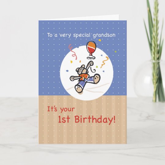 Grandson's First Birthday with Bear and Balloon Card ...