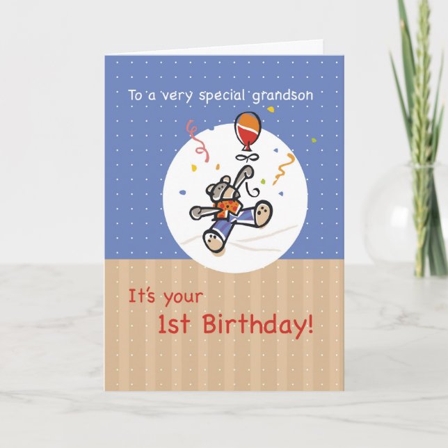 Grandson's First Birthday with Bear and Balloon Card (Front)