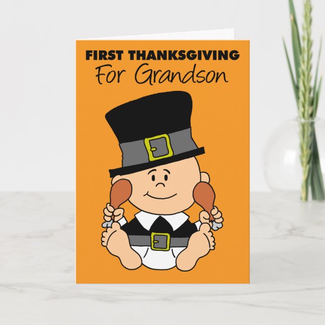 Grandson's First Thanksgiving Cute Little Pilgrim Card (Front)