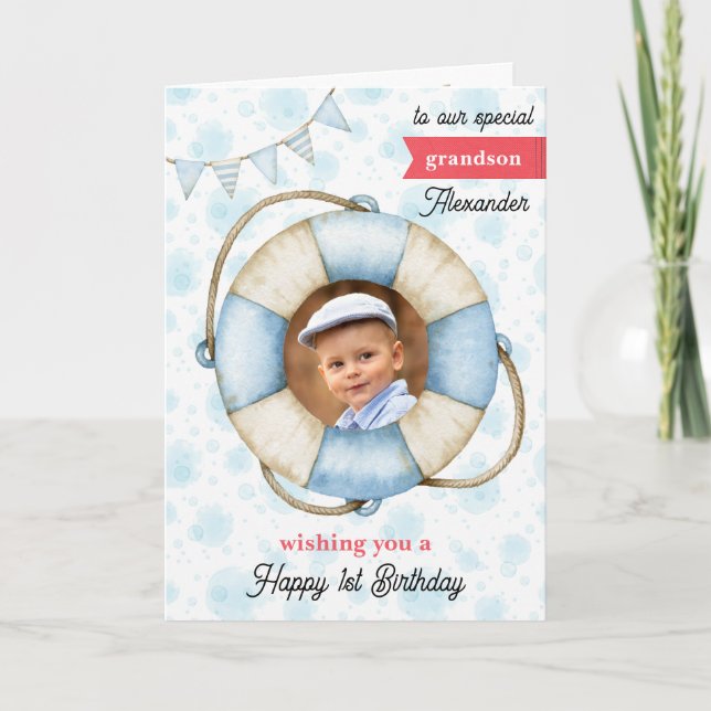 Grandson's Photo Birthday Nautical Greeting Card (Front)