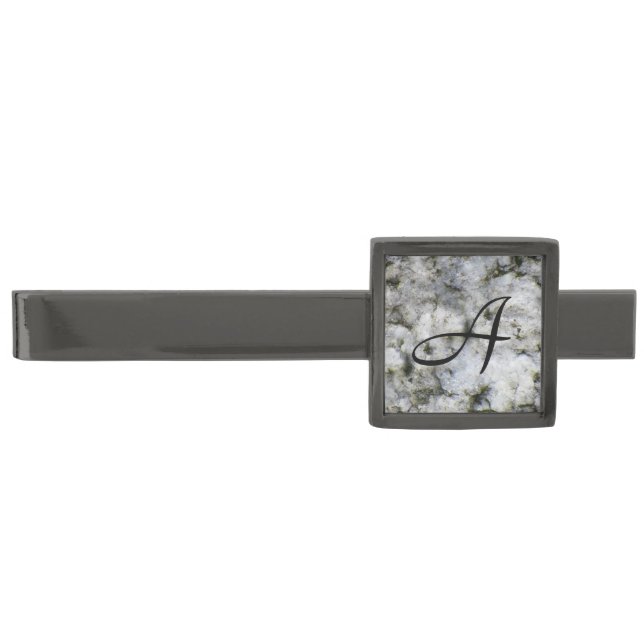 Granite Rock White with Initial Gunmetal Finish Tie Clip (Front)