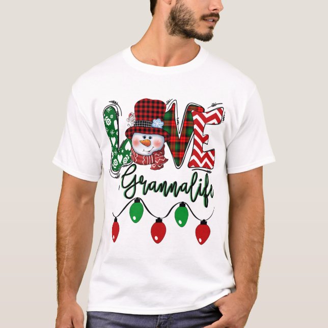 Granna Snowman Love Granna Life Christmas Red Plai T-Shirt (Front)