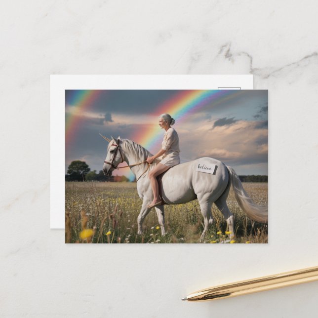 Granny and Her Unicorn Believe in a Meadow  Postcard (Front/Back In Situ)