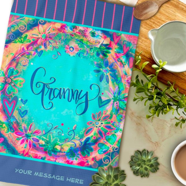 Granny Blue Pretty Floral Hearts Personalized Kitchen Towel (Creator Uploaded)