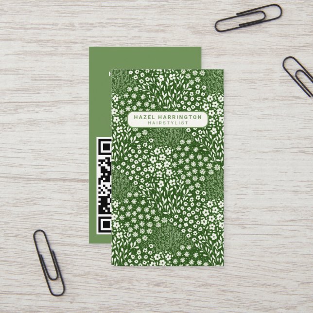 Granny Chic Custom QR Code Scannable Green Floral Business Card (Front/Back In Situ)