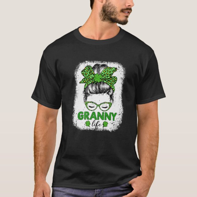 Granny Clover Messy Bun Leopard Funny St Patrick's T-Shirt (Front)