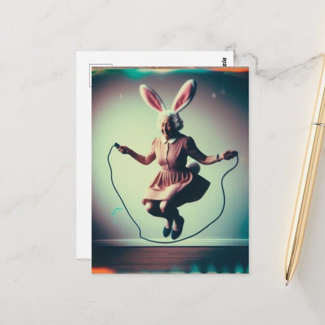 Granny Easter Bunny Jumping Rope Retro Photography Postcard (Front/Back In Situ)