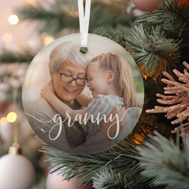 Granny Grandma Script Overlay Glass Ornament (Creator Uploaded)