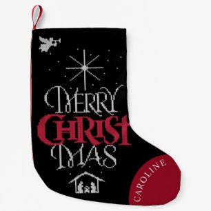 Granny Knit Christian Merry CHRISTmas Calligraphy Small Christmas Stocking