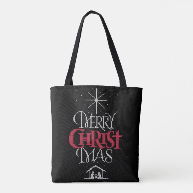 Granny Knit Merry Christ Mas Religious Christmas Tote Bag (Back)