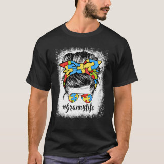 Granny Life Messy Bun Hair Bandana Glasses Autism T-Shirt