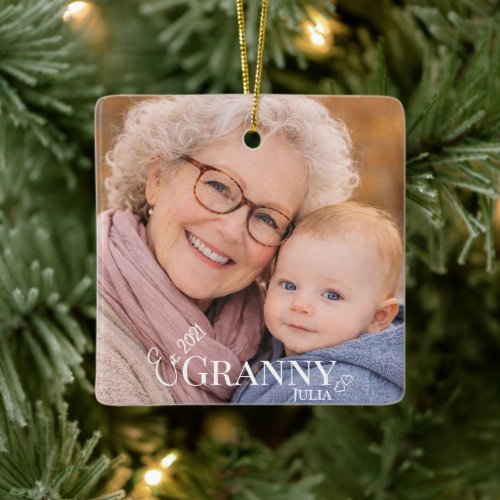 Granny Photo Established Year Modern Heart Ceramic Ornament