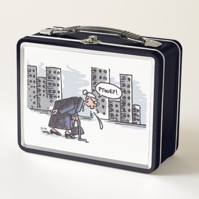 Granny Spitting! on city white black lunchbox (Front)
