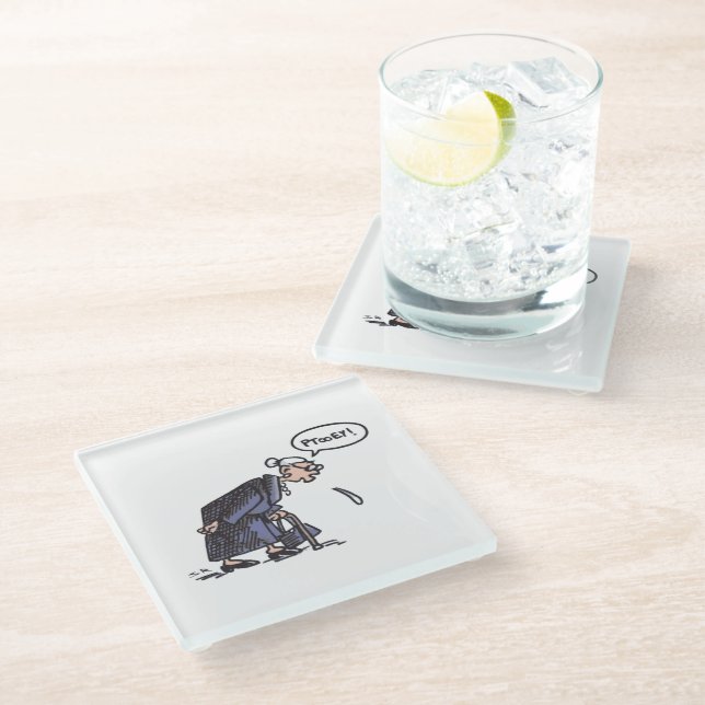 Granny Spitting! white glass coaster (Angled)