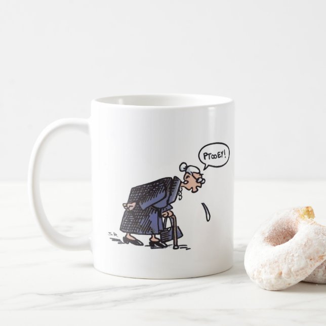 Granny Spitting! white right hand mug (With Donut)