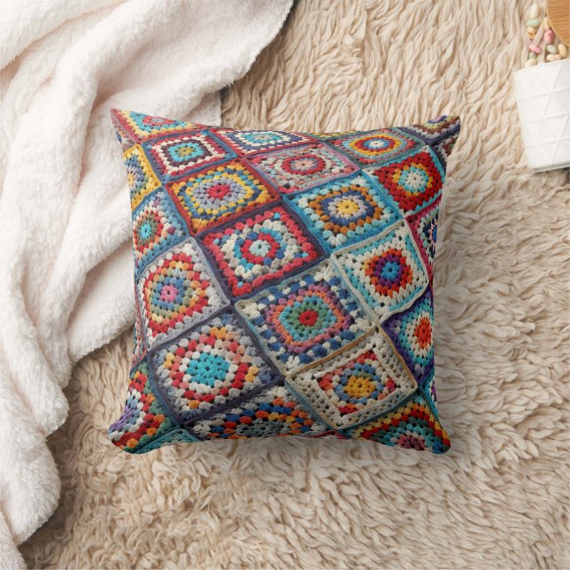 Granny Square Crocheted Quilt  Throw Pillow (Blanket)