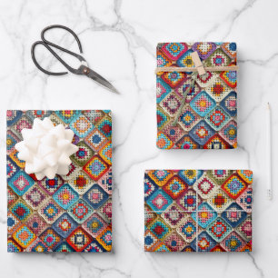Granny Square Crocheted Quilt Wrapping Paper Sheets