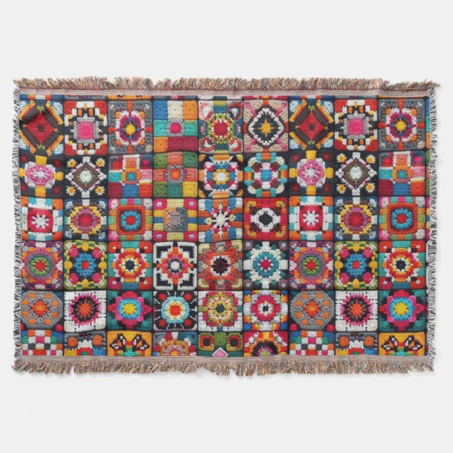 Granny Squares Crochet Pattern Blanket Print  (Front)