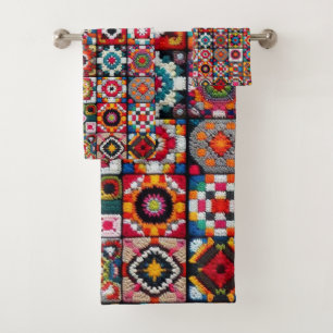 Granny Squares Crochet Pattern Blanket Print Bath Towel Set