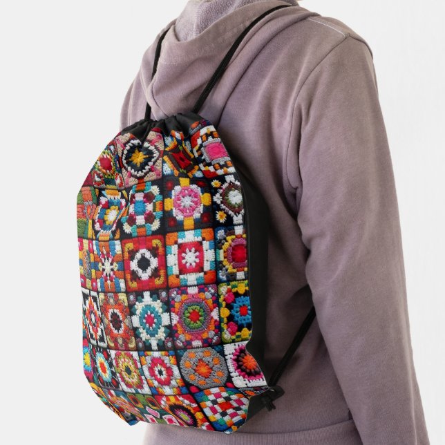 Granny Squares Crochet Pattern Blanket Print  Drawstring Bag (Insitu)
