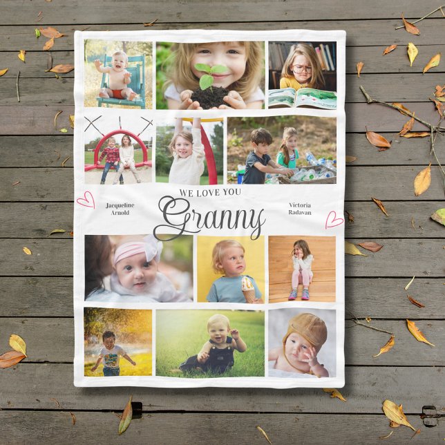 Granny We Love You Personalized Hearts Fleece Blanket (Granny custom fleece blanket with personalized photos and text.)